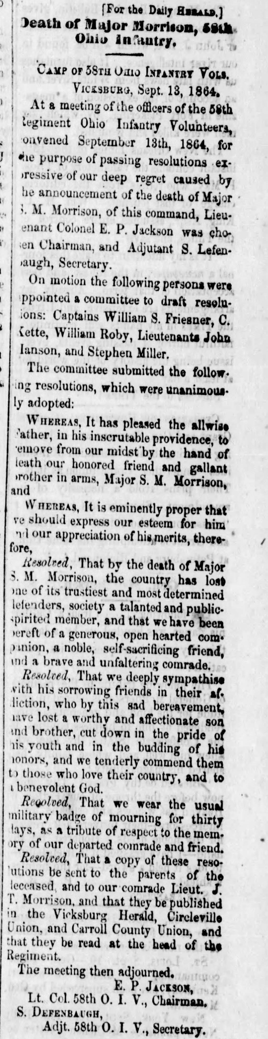 Tribute to Major S.M. Morrison in Newspaper Clipping