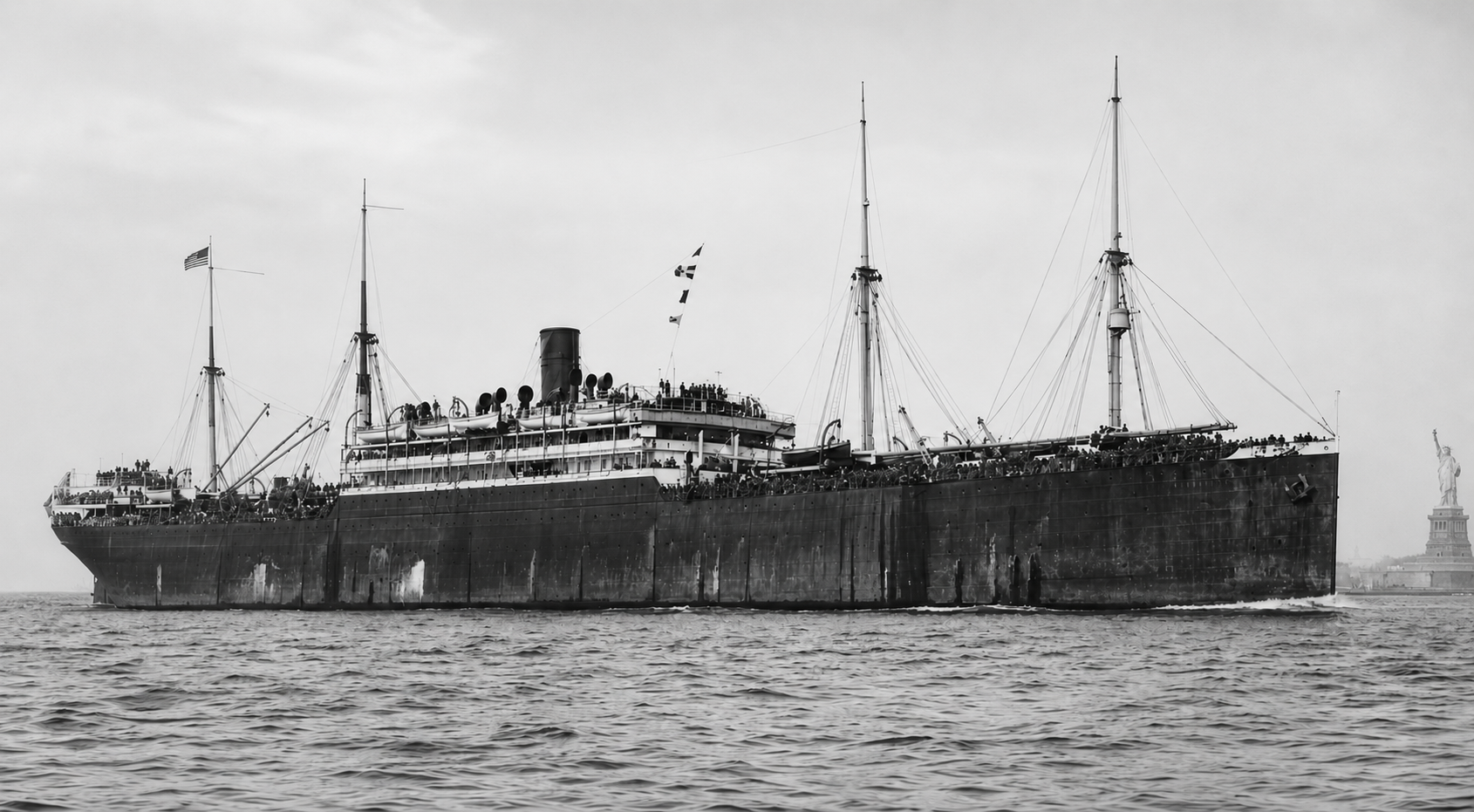 Ocean liner Graf Waldersee in New York Harbor with Statue of Liberty visible to the right