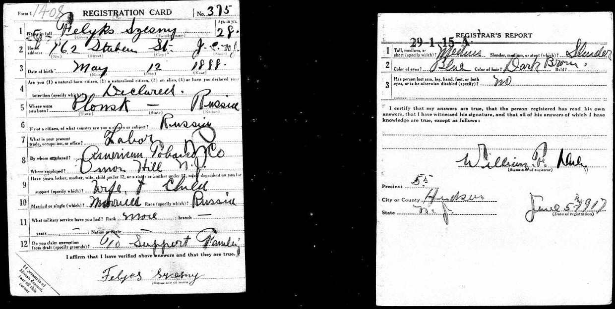 World War I draft registration card for Felix Szczesny, 5 June 1917 — employer American Tobacco Company; exemption claimed for wife and one child