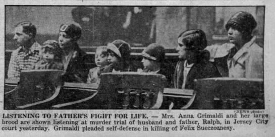 Mrs. Anna Grimaldi with several children seated in a courtroom gallery during Ralph Grimaldi’s murder trial in Jersey City.