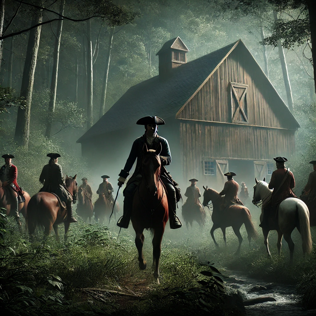 The group of men approach the barn
