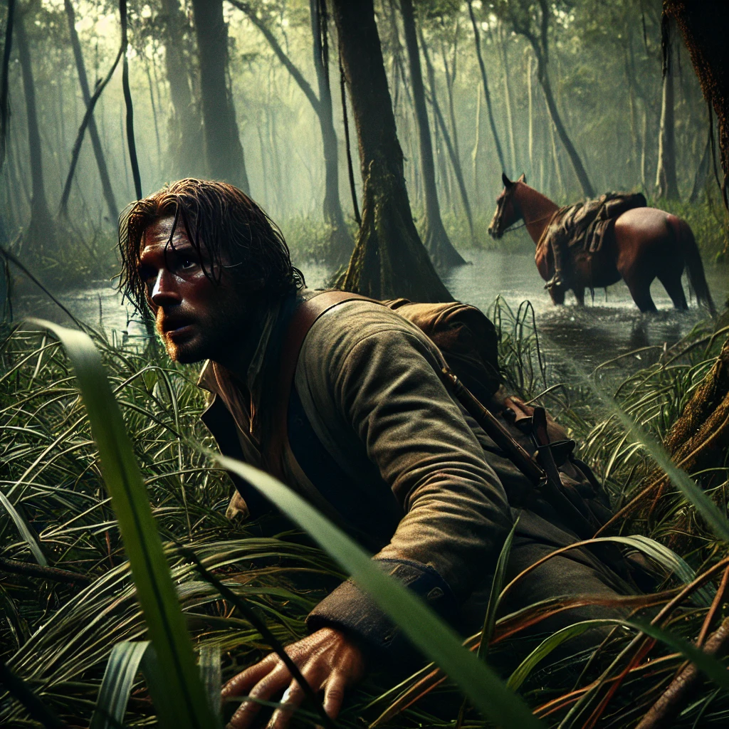 The wounded man crawls to the swamp