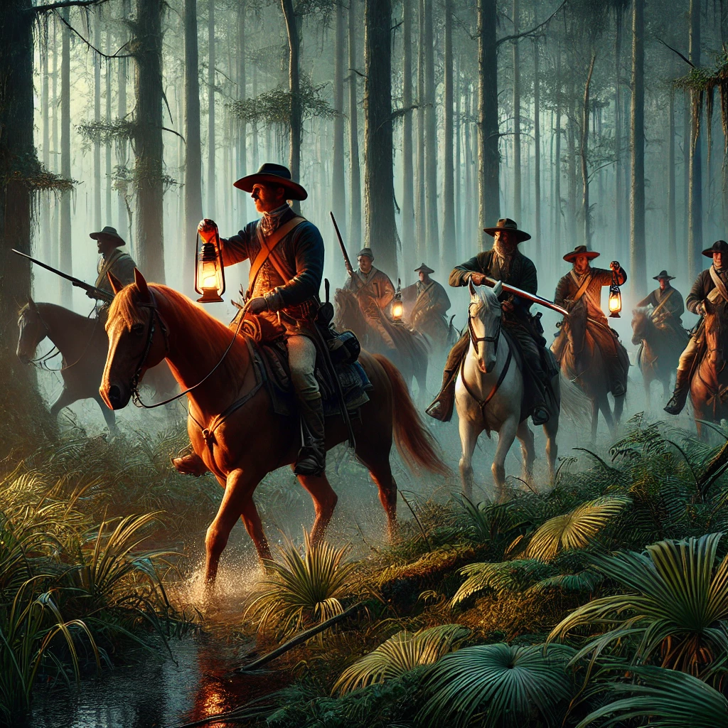 The search party moves through the forest