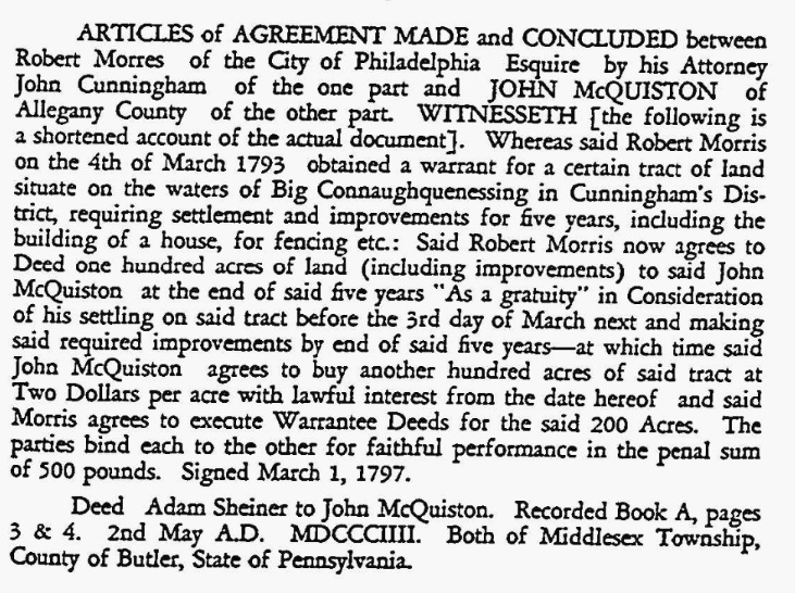 Articles of Agreement and Deed Record for John McQuiston, 1797-1804