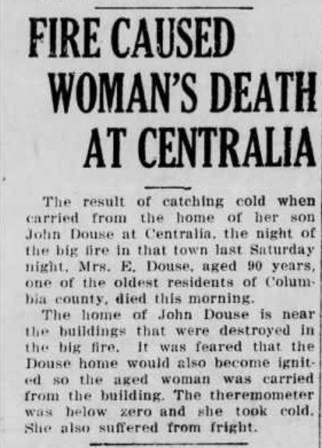 Newspaper clipping: Fire caused woman’s death at Centralia, Mount Carmel Item, 22 January 1916