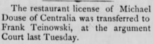 1896 clipping: Michael Douse restaurant license transferred to Frank Teinowski