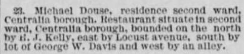 1894 clipping: Michael Douse restaurant license boundaries, Centralia