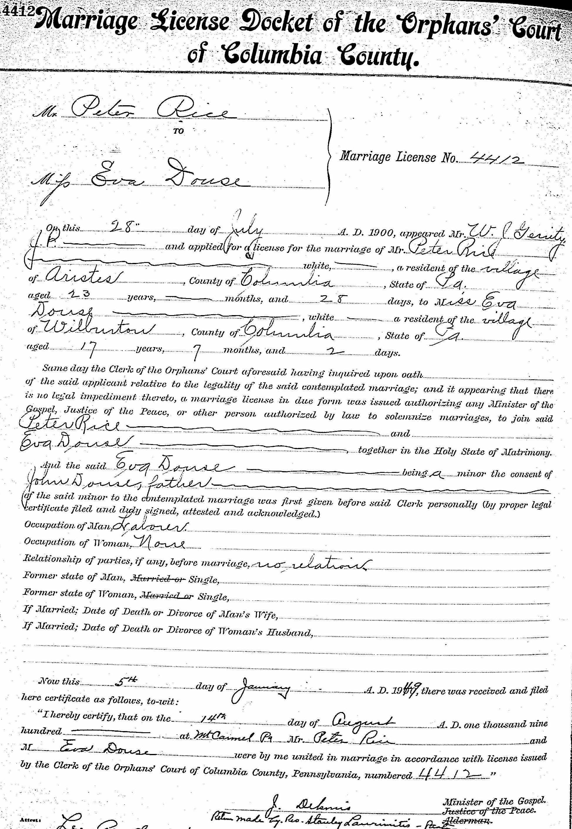 Marriage license: Eva Douse and Peter Rice, 14 August 1900, Mount Carmel, Pennsylvania