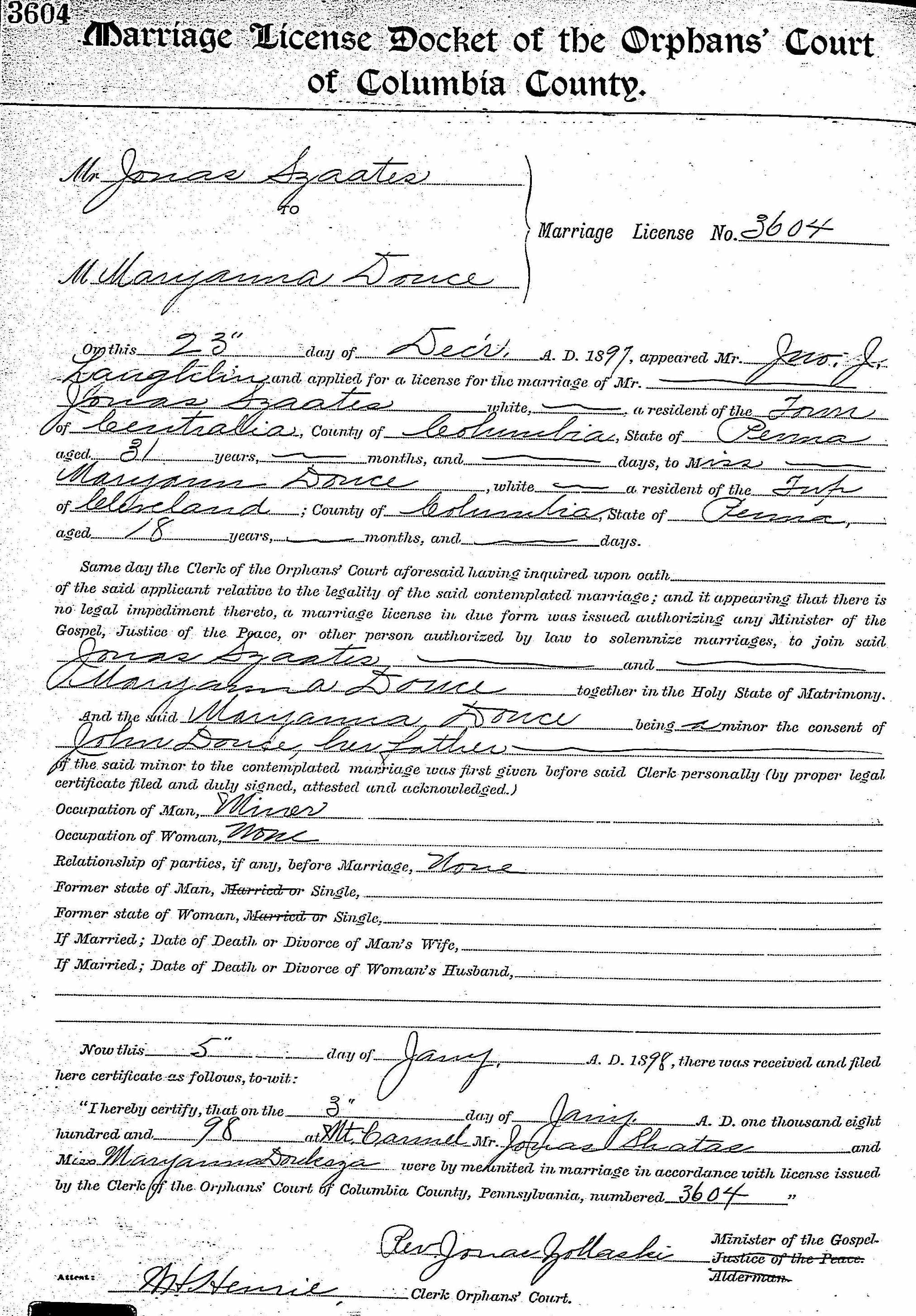 Marriage license: Maryanna Douse and John Shotis, 1 March 1898, Columbia County, Pennsylvania