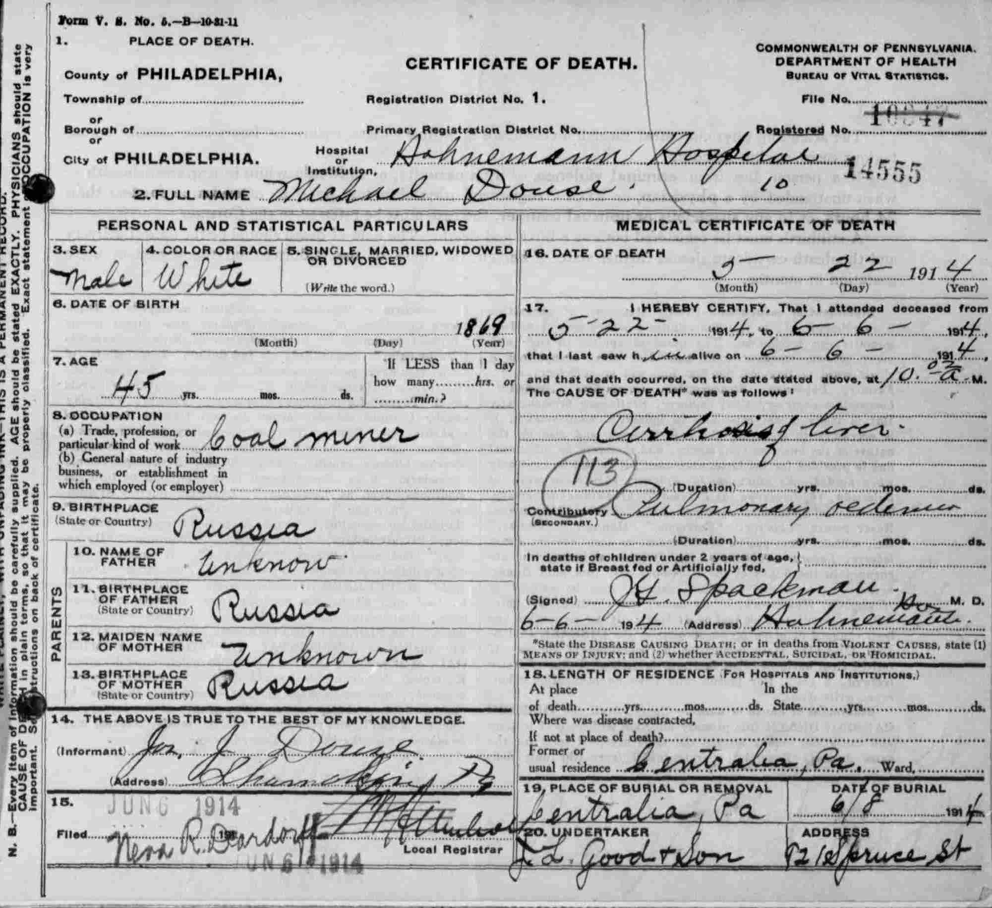 Death certificate: Michael Douse, died 22 May 1914