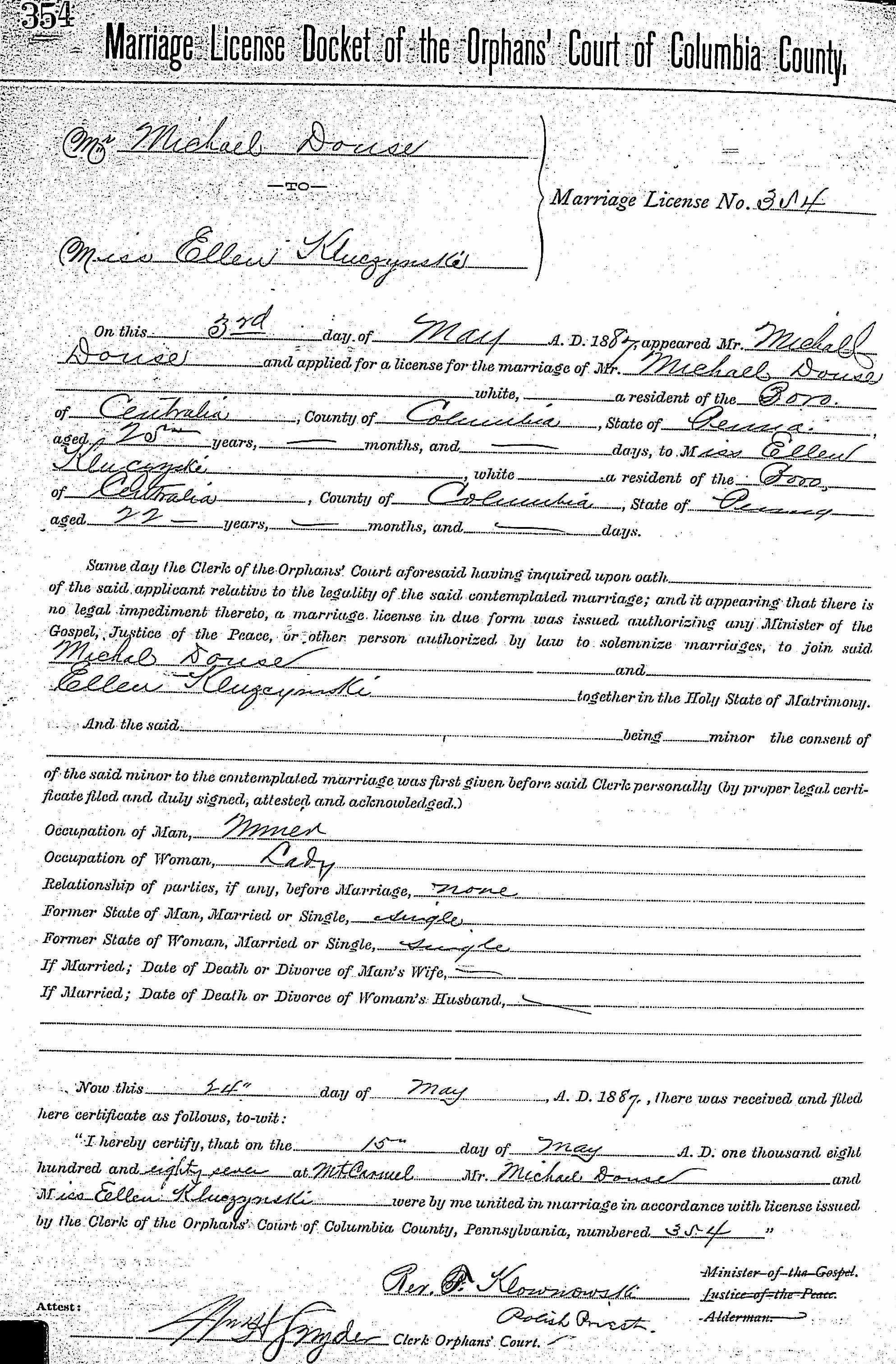 Marriage license: Michael Douse and Ellen Kluczynski, 15 May 1887, Columbia County, Pennsylvania